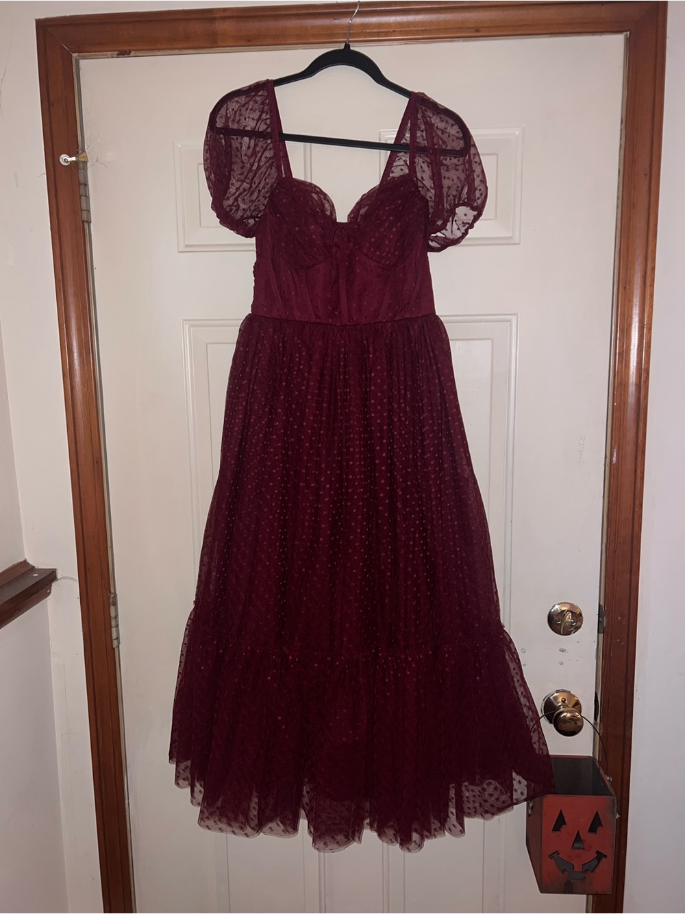 Lulu's Burgundy Puff-Sleeve Midi Dress with Dotted Tulle